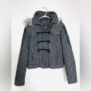 Rue21 Women’s Hippie Jacket Y2K Wool Blend Faux Fur Black & White Hooded Size L